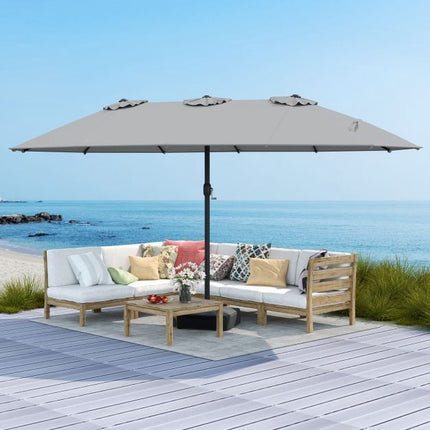 Double-Sided Grey Patio Umbrella with Base – Large Outdoor Shade