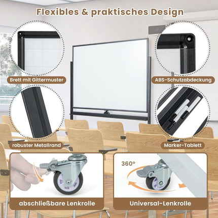 Double-Sided Mobile Whiteboard with Grid Pattern & Stand & Pen Tray 120 x 90 cm Black