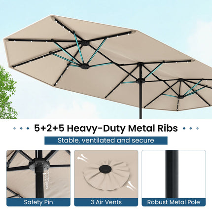 Double-Sided Parasol 4 x 2 m with 36 Solar LED Lights, Crank, Beige