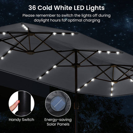Double-Sided Parasol 4 x 2 m with 36 Solar LED Lights, Crank, Grey
