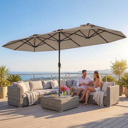 Double-Sided Parasol 4 x 2 m with 36 Solar LED Lights, Crank, Light Brown