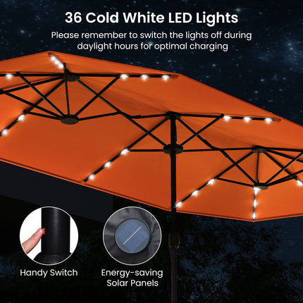 Double-Sided Parasol 4 x 2 m with 36 Solar LED Lights, Crank, Orange