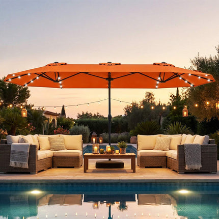 Double-Sided Parasol 4 x 2 m with 36 Solar LED Lights, Crank, Orange