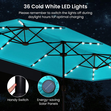 Double-Sided Parasol 4 x 2 m with 36 Solar LED Lights, Crank, Turquoise
