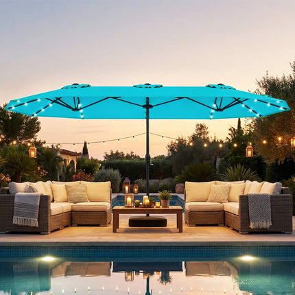 Double-Sided Parasol 4 x 2 m with 36 Solar LED Lights, Crank, Turquoise