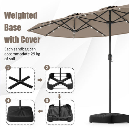 Double-Sided Patio Umbrella 4m With Base, Solar LED, Coffee