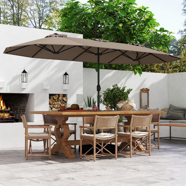 Double-Sided Patio Umbrella 4m With Base, Solar LED, Coffee