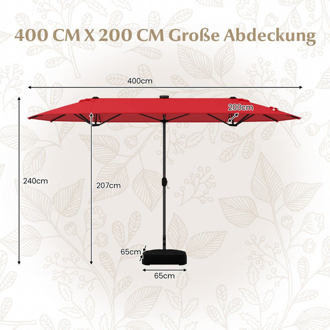 Dwustronny parasol tarasowy ze stojakiem i oświetleniem LED, 400x200 cm