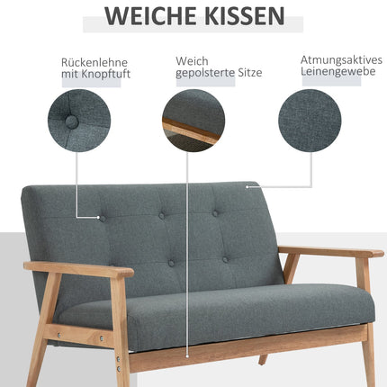 Compact Gray Linen Loveseat - 2 Seater, Rubberwood Frame