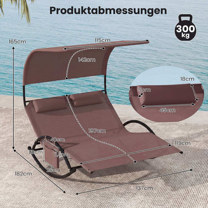 Double Swing Sun Lounger With Canopy, Side Pocket, 2 Headrests