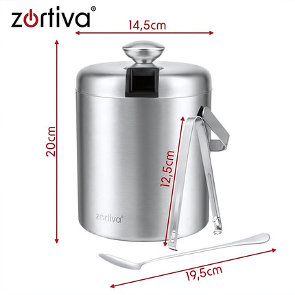 Double-Walled Ice Bucket 1.3 L with Tongs and Bar Spoon, Strainer, Lid, Silver