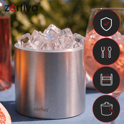 Double-Walled Ice Bucket 1.3 L with Tongs and Bar Spoon, Strainer, Lid, Silver