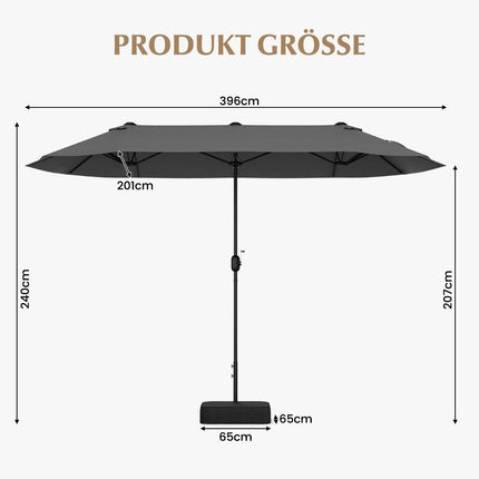 Double parasol with stand 400 x 200 cm parasol large XXL grey