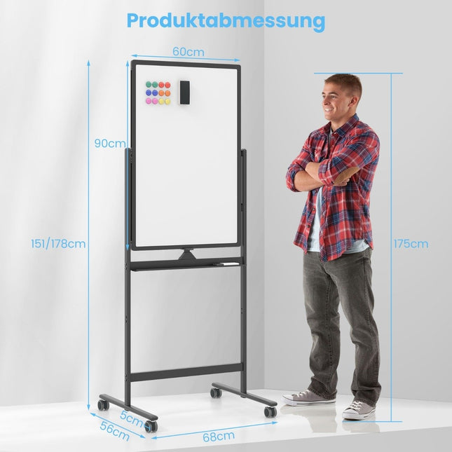 Double-sided mobile whiteboard with pen tray & accessories for school office 60 x 90 cm black