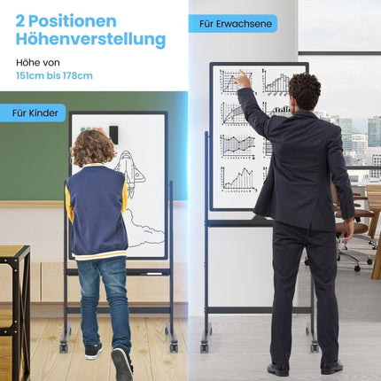 Double-sided mobile whiteboard with pen tray & accessories for school office 60 x 90 cm black