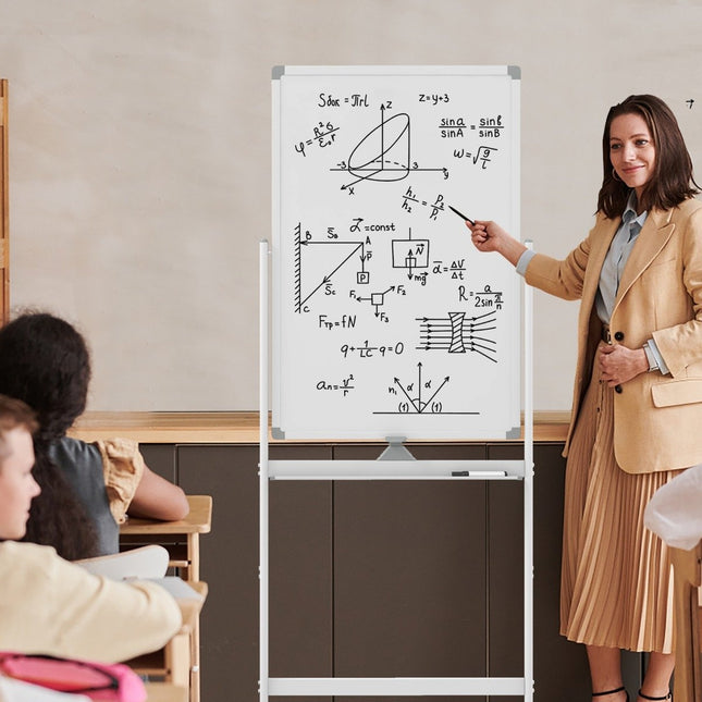 Double-sided mobile whiteboard with pen tray & accessories for school office 60 x 90 cm white