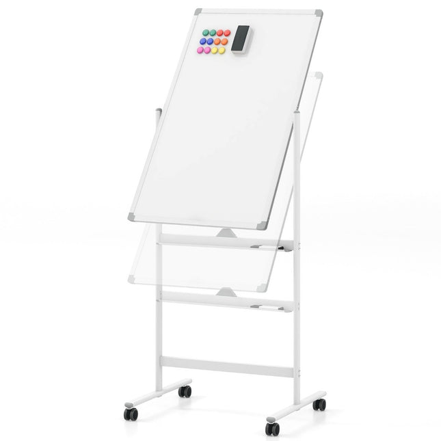 Double-sided mobile whiteboard with pen tray & accessories for school office 60 x 90 cm white