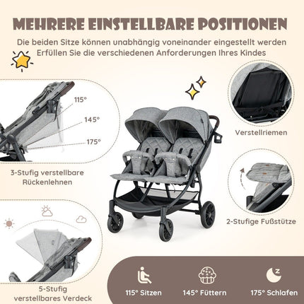 Double stroller sibling stroller with individual tilt 105 x 78.5 x 106 cm gray
