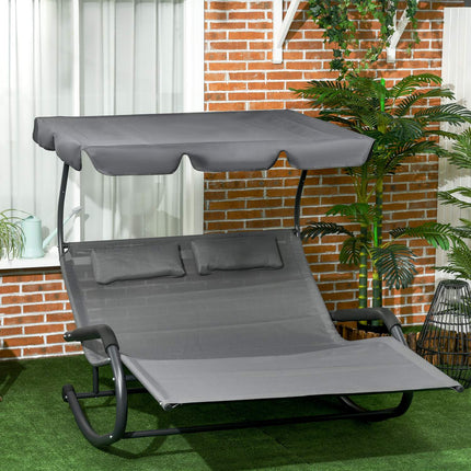 Double Garden Swing Lounger, Cushion & Canopy, 220 kg, Dark Grey