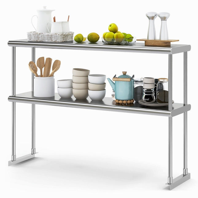 Double tier top shelf stainless steel shelf with adjustable bottom shelf multi-purpose shelf silver