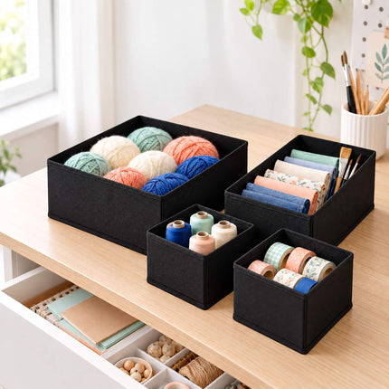 Drawer Organiser Boxes 16-Piece Set in 3 Sizes, Black, Non-Woven Fabric