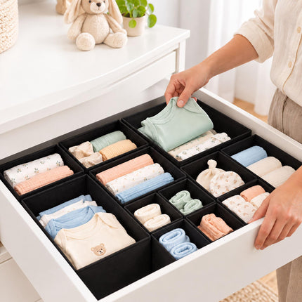 Drawer Organiser Boxes 16-Piece Set in 3 Sizes, Black, Non-Woven Fabric