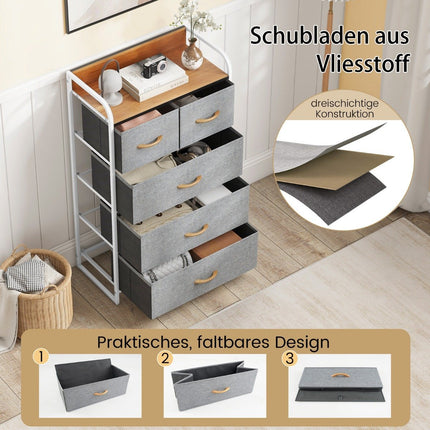 Drawer cabinet with 5 fabric drawers & steel frame & wooden surface chest of drawers gray