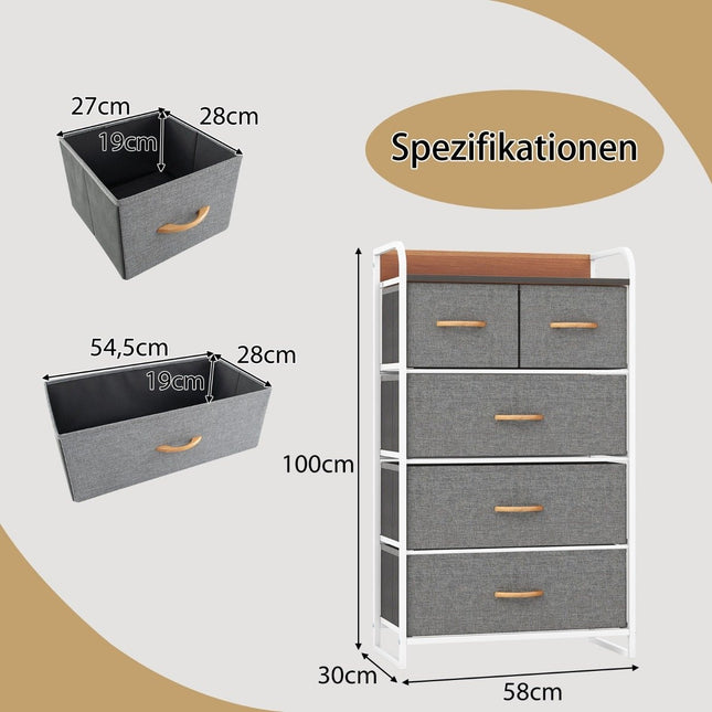 Drawer cabinet with 5 fabric drawers & steel frame & wooden surface chest of drawers gray