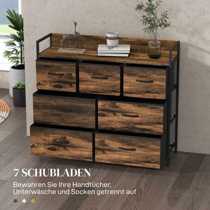 Industrial Style Sideboard, 7 Fabric Drawers - Rustic Brown