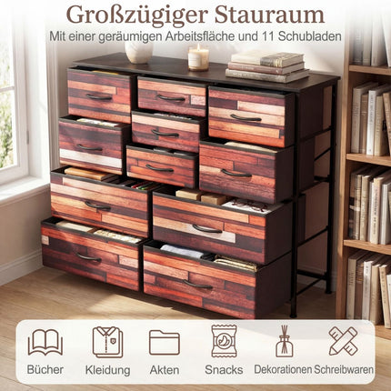 Dresser with 11 Fabric Drawers, Metal Frame, Wood Top