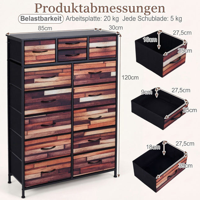 Dresser with 14 Fabric Drawers, Metal Frame, Wood Top
