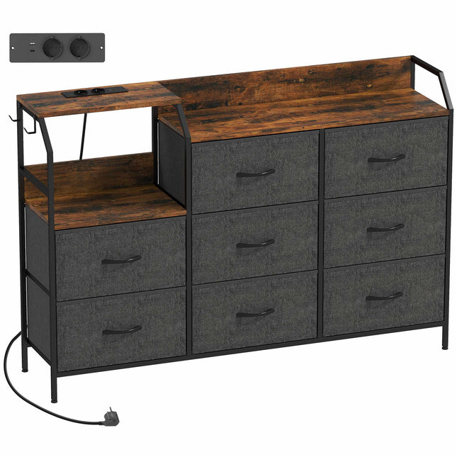 Dresser with 8 Fabric Drawers, Steel Frame, Charging Station
