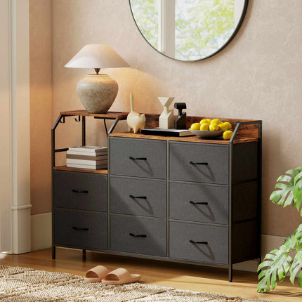 Dresser with 8 Fabric Drawers, Steel Frame, Charging Station