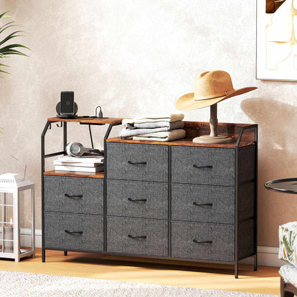 Dresser with 8 Fabric Drawers, Steel Frame, Charging Station