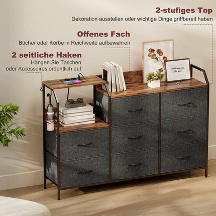 Dresser with 8 Fabric Drawers, Steel Frame, Charging Station