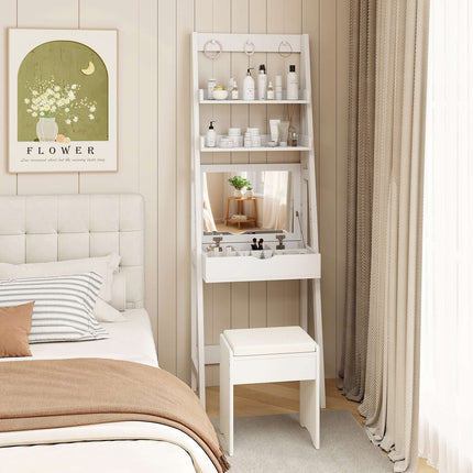Dressing Table With Mirror and Stool, 2 Shelves, White