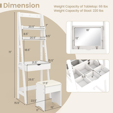 Dressing Table With Mirror and Stool, 2 Shelves, White