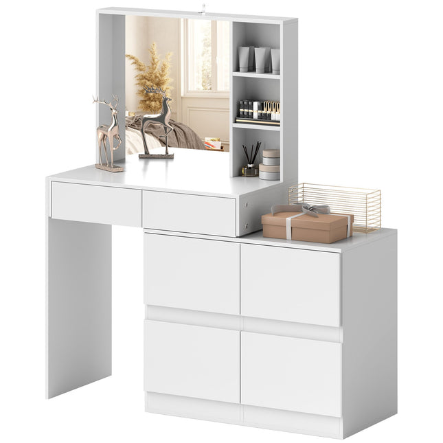 White dressing table with mirror - 4 drawers & shelves