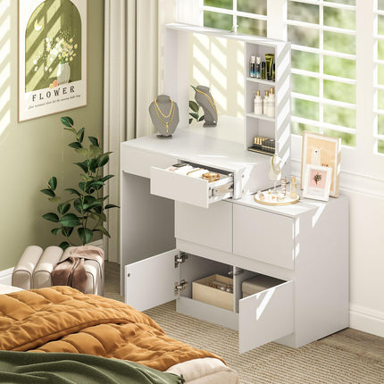 White dressing table with mirror - 4 drawers & shelves