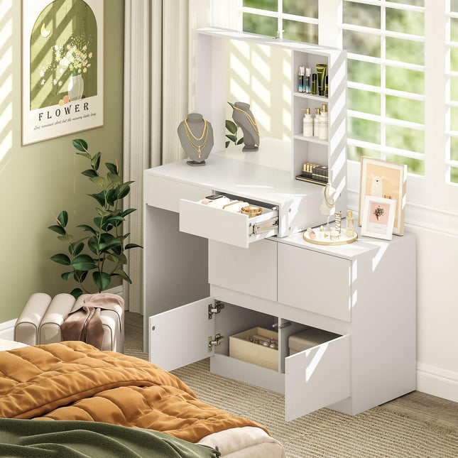 White dressing table with mirror - 4 drawers & shelves