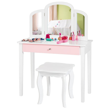 Dressing table set children's 2 in 1 with triple folding mirror and drawer white