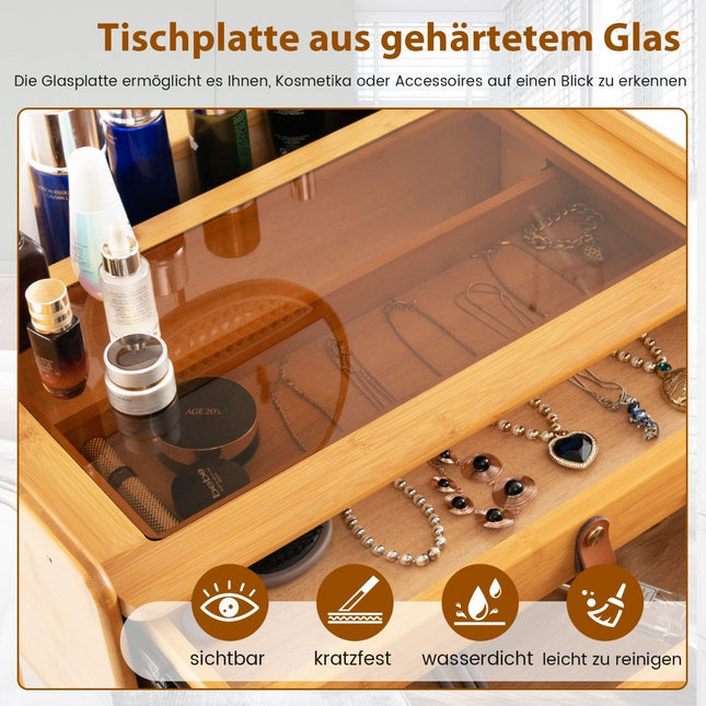 Dressing table with mirror & 2 drawers Small cosmetic table with tempered glass table top & storage space