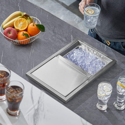 Drop-In Ice Bin, 28 Qt Stainless Steel, Sliding Lid, Drain
