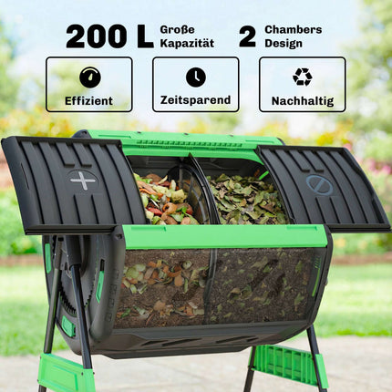Dual Chamber Outdoor Compost Bin with Rotating Drum