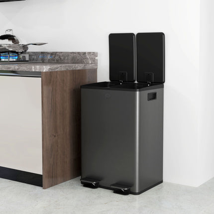 Dual Compartment 28L Trash Bin, Stainless Steel, Black