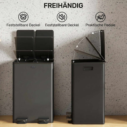 Dual Compartment 28L Trash Bin, Stainless Steel, Black