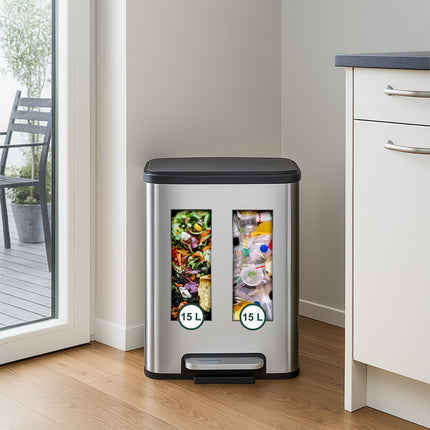 Dual Compartment Kitchen Bin, 15L Waste Separator