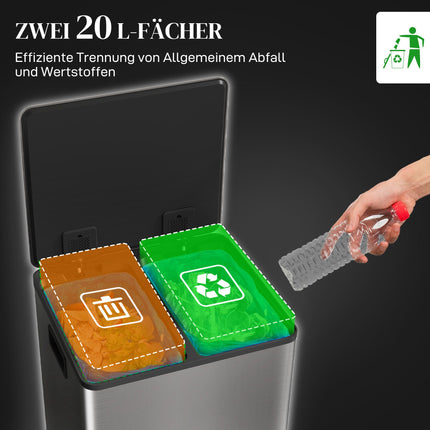 Dual Compartment Trash Can, 40L, Soft-Close, Stainless Steel