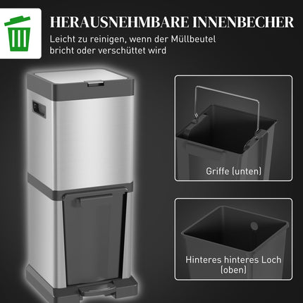 Dual Compartment Trash Can, Stainless Steel, 34L Total Capacity