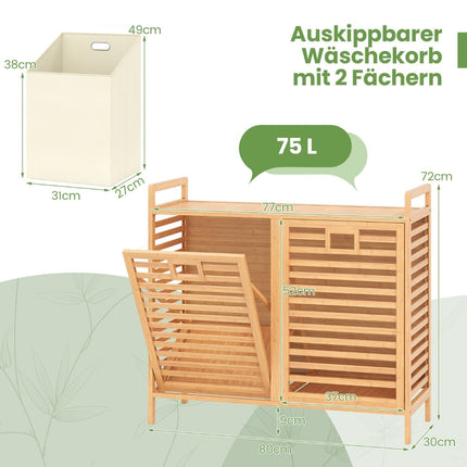 Dual Laundry Hamper, 75L Bamboo with Removable Bins
